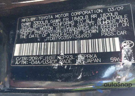 2009 Toyota Yaris z USA, uszkodzony, nr VIN JTDBT903591344901